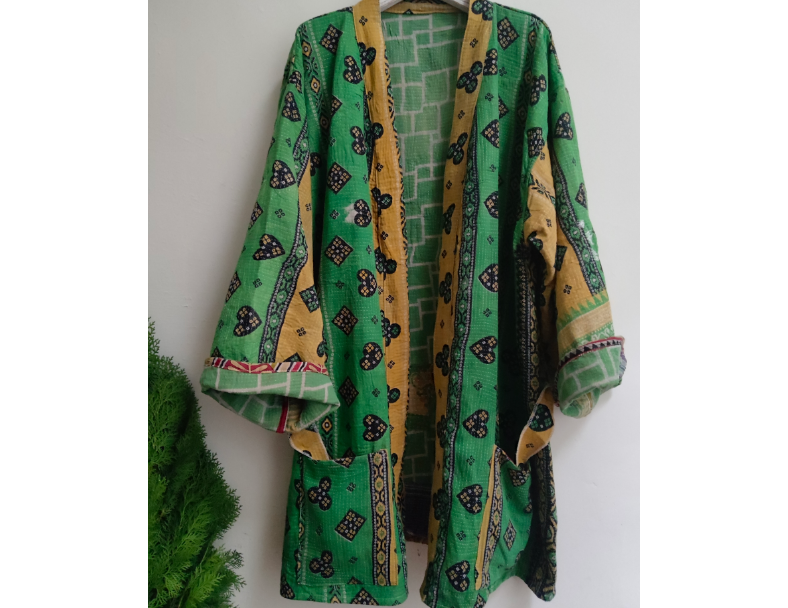 老甘達Kantha外套 / 綠黃撲克花 4