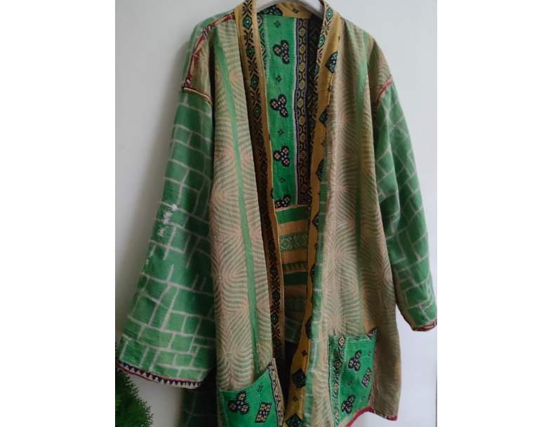 老甘達Kantha外套 / 綠黃撲克花 6